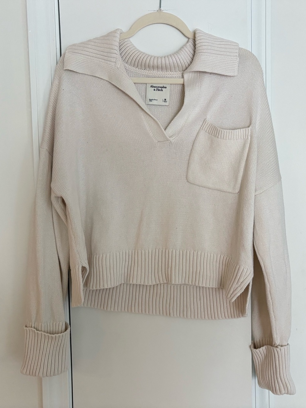 Abercrombie & Fitch Cream Collared V-Neck Pocket Pullover